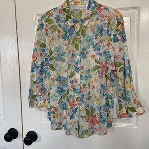 Alfred Dunner Womens Size 14 Floral Cotton Eyelet Button Blouse 3/4 Sleeve